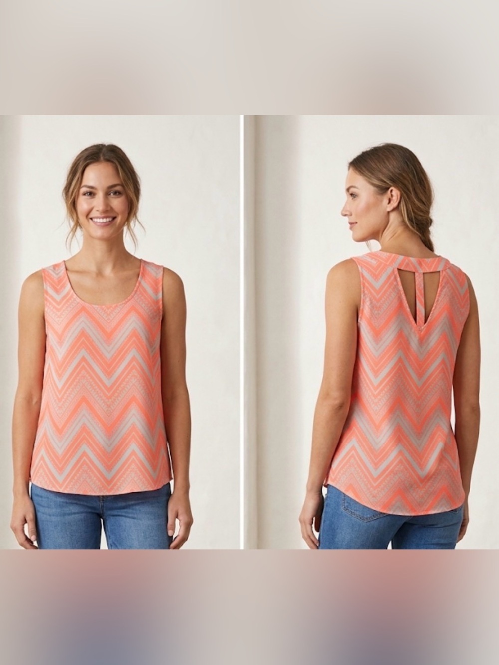 Skies Are Blue Chevron Sleeveless Top - Neon Orange & Beige -sz small - NWT